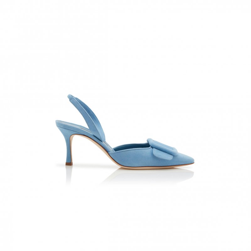 (image for) MANOLO BLAHNIK MAYSLI LIGHT BLUE SUEDE BUCKLE DETAIL SLINGBACK PUMPS 219-0182-0094