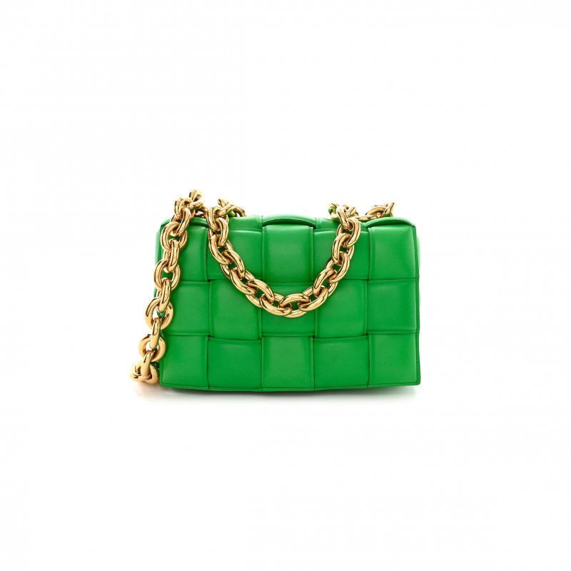 (image for) BOTTEGA VENETA LAMBSKIN MAXI INTRECCIO PADDED CHAIN CASSETTE CROSSBODY BAG GRASS (25*16*6cm)