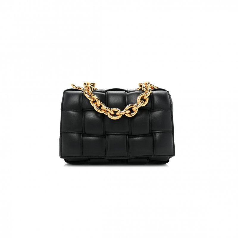 (image for) BOTTEGA VENETA LAMBSKIN MAXI INTRECCIATO PADDED CHAIN CASSETTE CROSSBODY BAG BLACK (25*15*8cm)