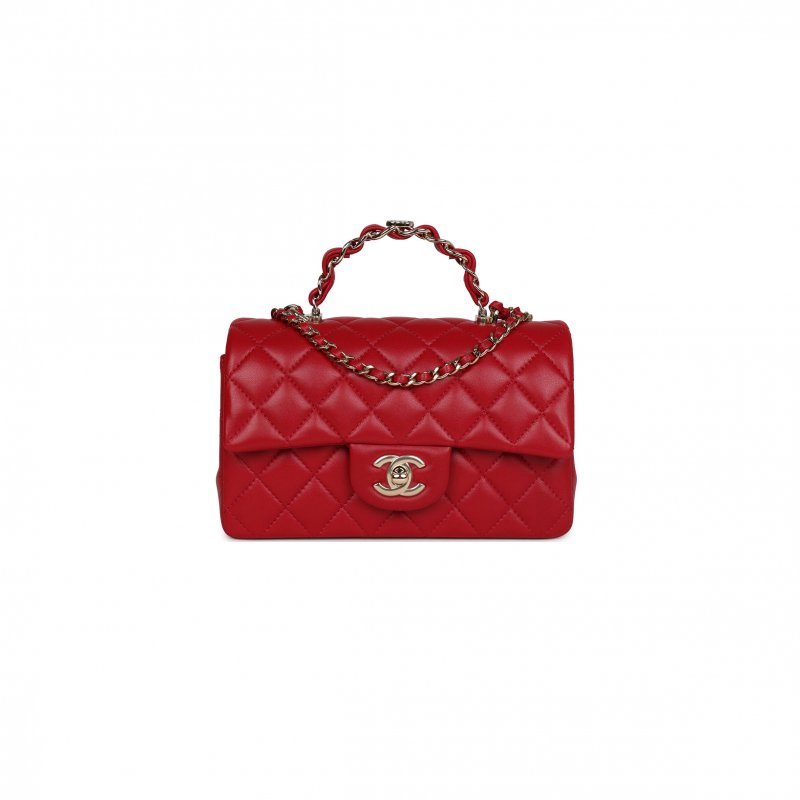 (image for) CHANEL MINI RECTANGULAR FLAP WITH TOP HANDLE RED LAMBSKIN LIGHT GOLD HARDWARE (20*12*6cm)