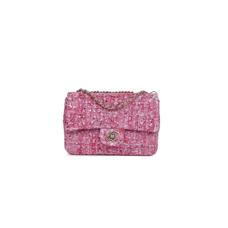 (image for) CHANEL MINI CLASSIC RECTANGULAR FLAP BAG PINK TWEED AND SEQUIN GOLD HARDWARE (20*13*6cm)