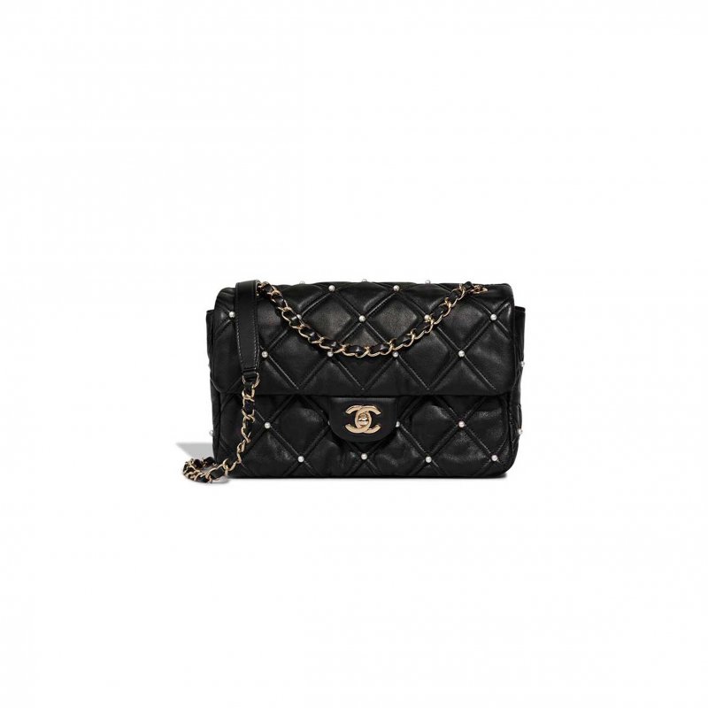 (image for) CHANEL BLACK LAMBSKIN QUILTED PEARL STUDDED FLAP BAG WITH GHW (24*16*7.5cm)