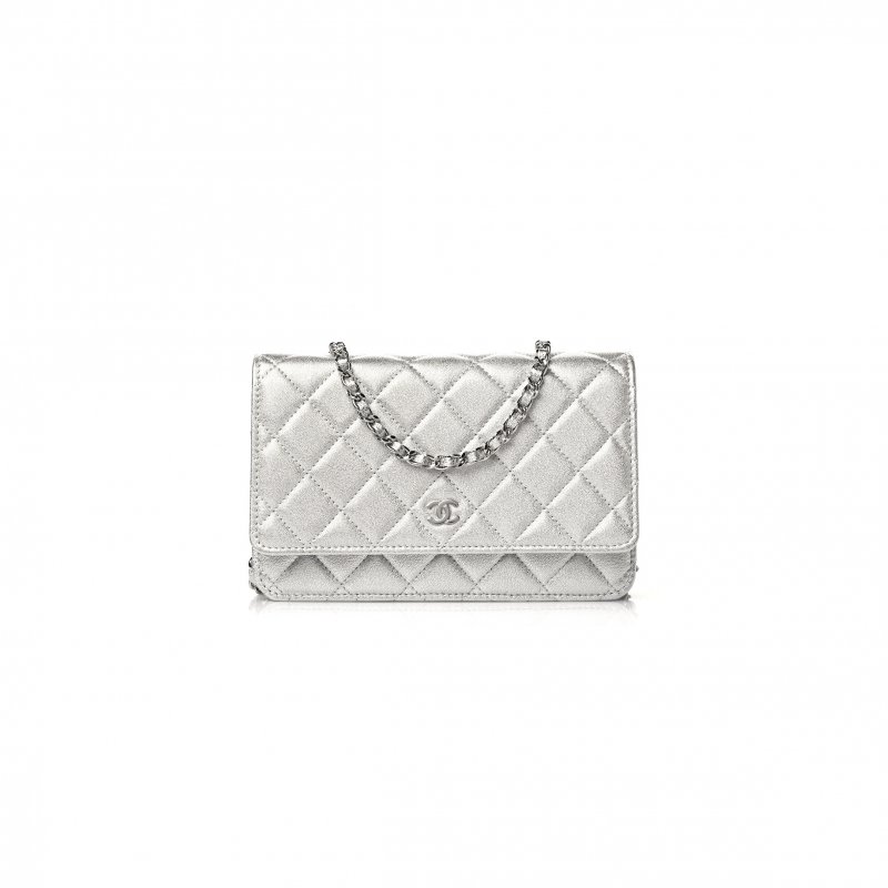 (image for) CHANEL METALLIC LAMBSKIN QUILTED WALLET ON CHAIN WOC SILVER AP0250 (19*13*3cm)