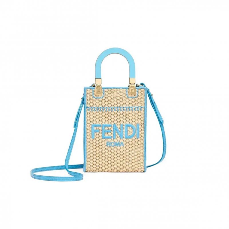 (image for) FENDI SUNSHINE MINI STRAW & LEATHER TOTE 8BS051AFQPF1ELX (18*13*6cm)