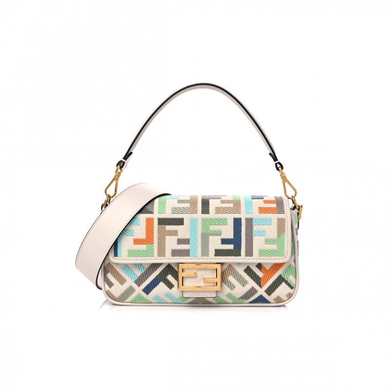 (image for) FENDI KUBAN CANVAS VITELLO KING FF EMBROIDERED BAGUETTE LATTE MULTICOLOR (27*13*6cm)