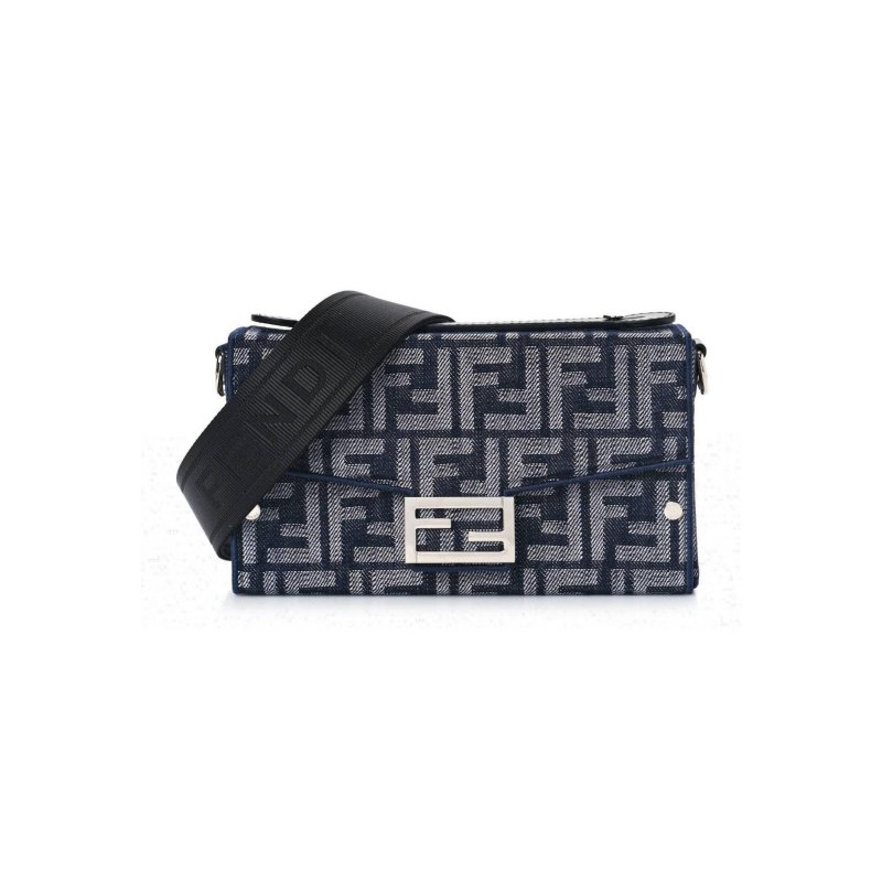 (image for) FENDI FABRIC JACQUARD REACTIVE JEAN DENIM VITELLO COVER FF BAGUETTE SOFT TRUNK BLUE BLACK (21*12*6cm)