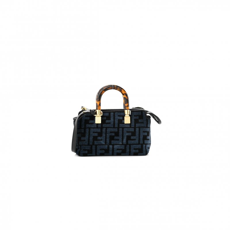 (image for) FENDI CHENILLE VITELLO KING PLEXIGLASS FF MINI BY THE WAY TOP HANDLE BOSTON BAG BLUE BLACK (17*11*8cm)