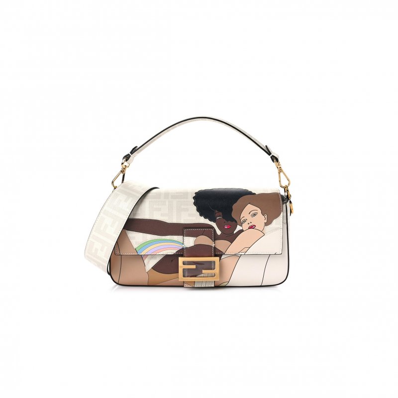 (image for) FENDI GLAZED FABRIC FF BIKINI GIRLS INLAY BAGUETTE BIANCO PERLA MULTICOLOR (27*15*6cm)