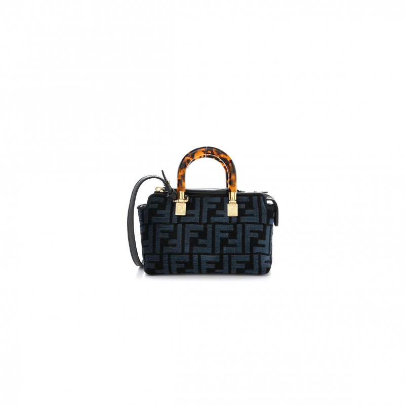 (image for) FENDI CHENILLE VITELLO KING PLEXIGLASS FF MINI BY THE WAY TOP HANDLE BOSTON BAG BLUE BLACK (17*11*8cm)