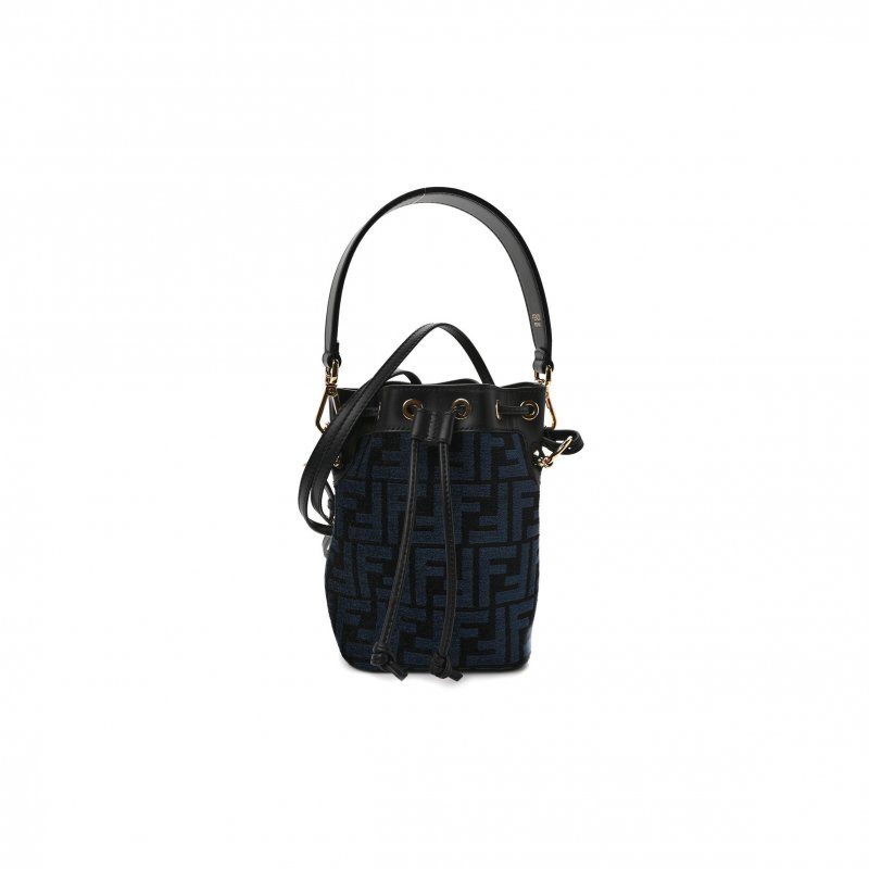 (image for) FENDI CHENILLE VITELLO KING FF MINI MON TRESOR BUCKET BAG BLUE BLACK (18*11*10cm)