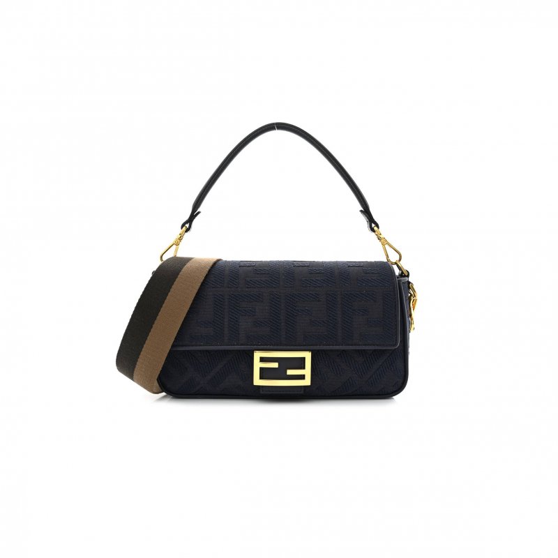 (image for) FENDI CANVAS VITELLO KING BI-COLOR STRAP FF EMBROIDERED BAGUETTE MIDNIGHT (27*16*6cm)