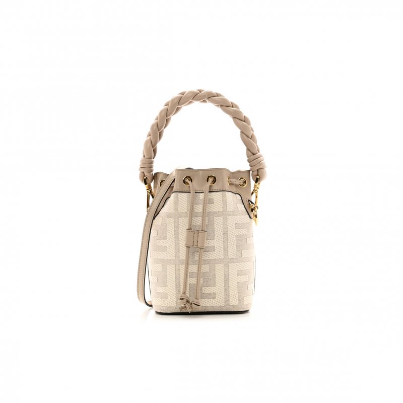 (image for) FENDI CANVAS NAPPA F IS FENDI FF EMBROIDERED MINI MON TRESOR BUCKET BAG GREZZO WHITE NUVOLA (18*12*10cm)