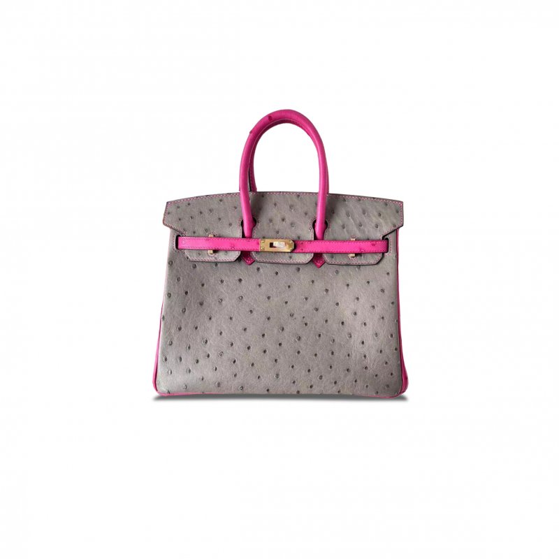 (image for) HERMÈS MASTER BIRKIN 25 OSTRICH LEATHER ASPHALT GRAY AND ROSE PURPLE GOLD BUCKLE H041944CK79 (25*20*13cm)