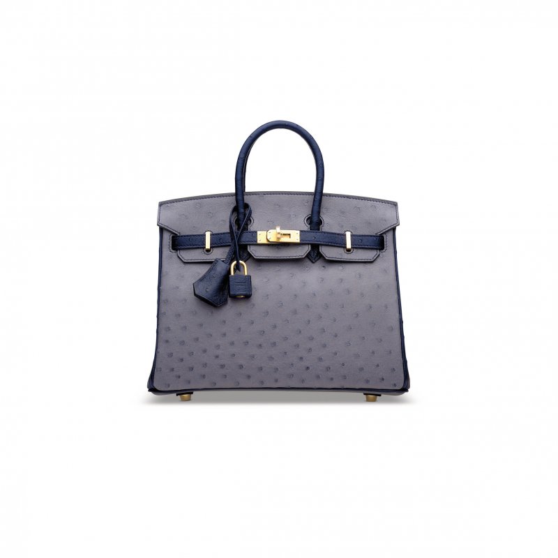 (image for) HERMÈS MASTER BIRKIN 25 OSTRICH AGATE GREY MALTESE BLUE BRUSHED GOLD BUCKLE H041944CK8V (25*20*13cm)