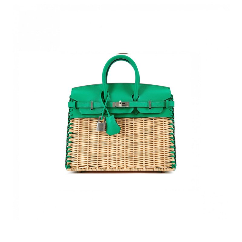 (image for) HERMÈS MASTER BIRKIN 25 PICNIC BAG IN MINT GREEN BARENIA LEATHER AND WOVEN WICKER H082668CK23 (25*20*13cm)
