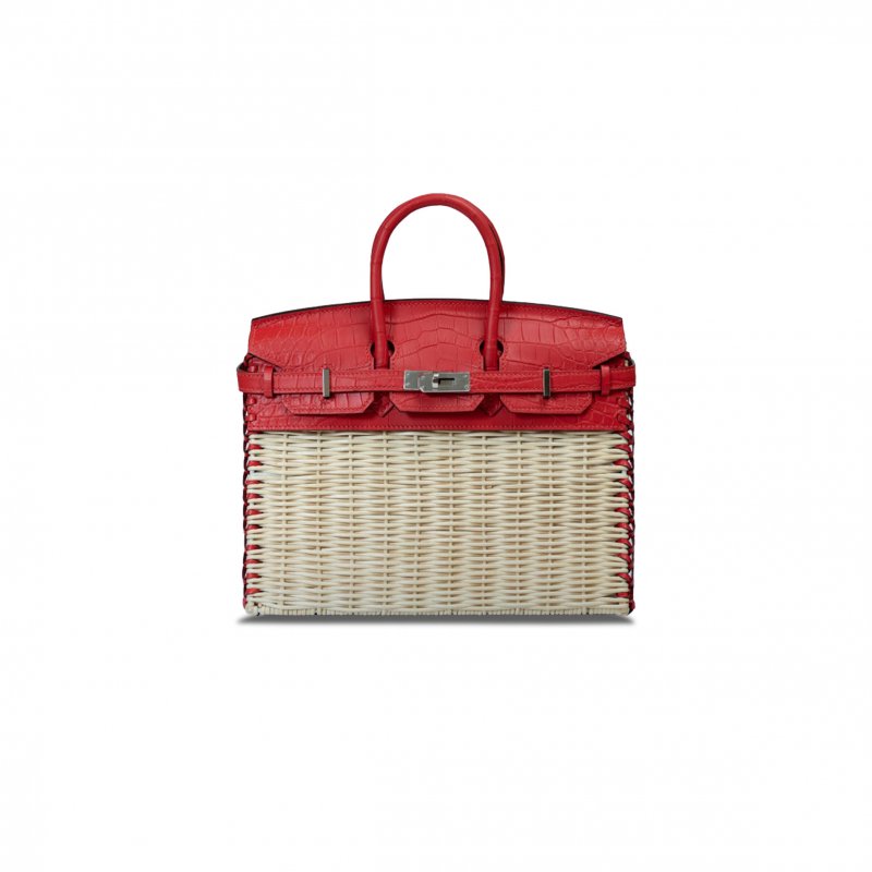 (image for) HERMÈS MASTER BIRKIN 25 PICNIC BAG AZALEA RED CROCODILE LEATHER AND WOVEN WICKER BAG H082668CK09 (25*20*13cm)