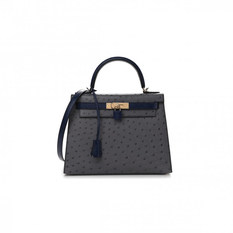 (image for) HERMÈS MASTER OSTRICH HORSESHOE KELLY SELLIER 28 GRIS AGATE BLEU IRIS (28*22*10cm)