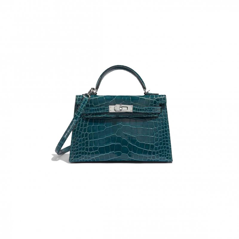 (image for) HERMÈS MASTER KELLY MINI II SILVER BUCKLE SHINY CROCODILE BOSPHORUS GREEN (19*12*5.5cm)