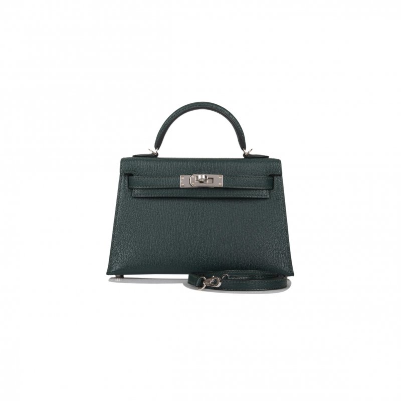 (image for) HERMÈS MASTER SELLIER KELLY II CHEVRE LEATHER TITAN GREEN WITH NORTHERN BLUE INSIDE (19*12*5.5cm)