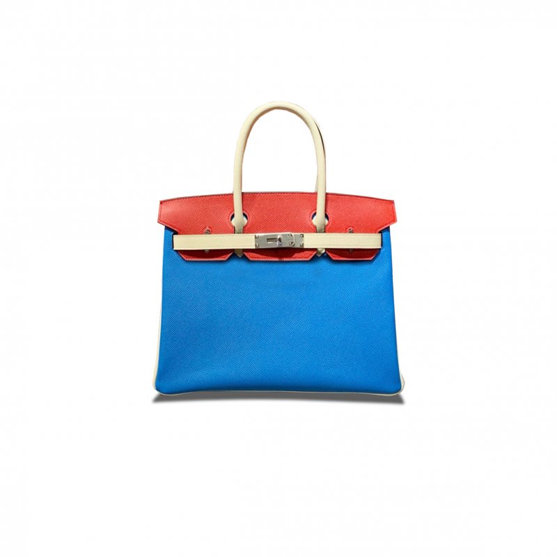 (image for) HERMES BIRKIN 30 EPSOM WATER FAIRY BLUE WITH RED AND MILKSHAKE WHITE WITH SILVER BUCKLE H028362CC09 (30*23*15cm)