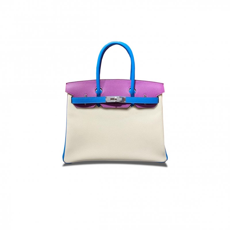 (image for) HERMES BIRKIN 30 EPSOM MILKSHAKE WHITE WITH WATER FAIRY BLUE AND ANEMONE PURPLE SILVER BUCKLE H028362CC07 (30*23*15cm)