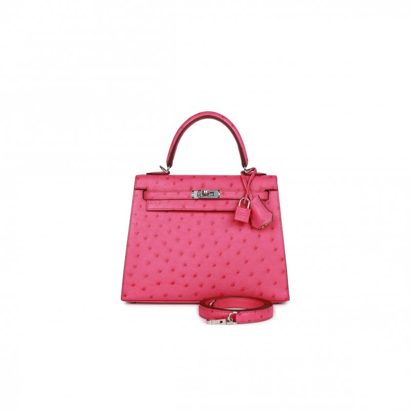 (image for) HERMES SPECIAL ORDER (HSS) KELLY SELLIER 25 ROSE TYRIEN VERSO OSTRICH PALLADIUM HARDWARE HANDMADE (25*17*7cm)