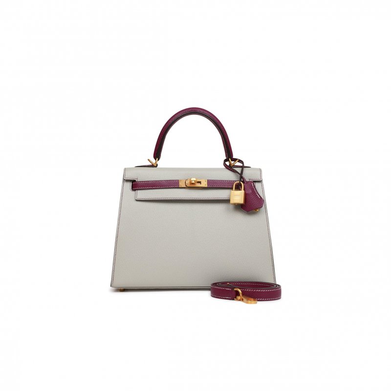 (image for) HERMES SPECIAL ORDER (HSS) KELLY SELLIER 25 GRIS PERLE AND ANEMONE CHEVRE BRUSHED GOLD HARDWARE HANDMADE(25*17*7cm)