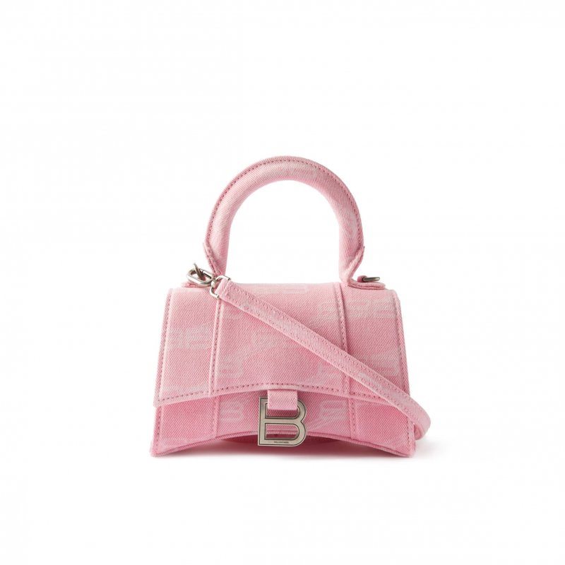 (image for) BALENCIAGA PINK HOURGLASS XS LOGO-PRINT DENIM CROSS-BODY BAG MATCHESFASHION US (19.5*12*5cm)